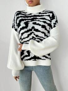 Chiquease Women Turtleneck Contrast Color Zebra Print Warm Sweater, Autumn/Winter Knit Pullover Fall - Multicolor - View 3