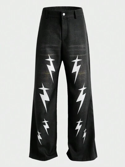 Manfinity VCAY 男士编织牛仔效果闪电印花中腰阔腿裤