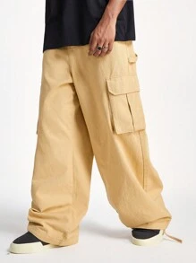 PAVTROS 男士卡其色休闲宽腿宽松纯色卡其色工装牛仔裤，适合送给丈夫、男朋友的礼物 - 卡其色 - 查看 4