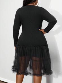 Maweii Plus Size Women Autumn/Winter Casual Solid Color Bodycon Ribbed Mesh Contrast Sweater Dress Fall Cloth For Women - Black - View 3