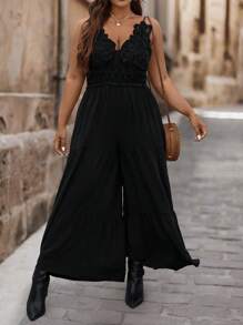 SHEIN VCAY 大码绿色细肩带蕾丝菠萝图案拼接腰部分层阔腿连体裤，系带，秋季休闲度假装 - 黑色 - 查看 6