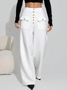 Chiquease Women Plain Button Front Pockets Casual Pants - White - View 3