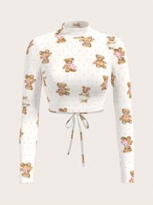 Sweetina 女士波尔卡圆点卡通熊印花长袖露背 Y2K 可爱熊印花睡衣女式 T 恤，秋季 - 彩色 - 查看 6