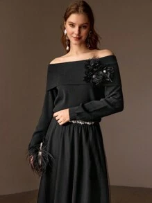 MOTF PREMIUM FOLDOVER OFF SHOULDER STEREO FLOWER DETAIL SWEATER - Black - View 8