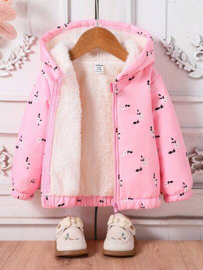 SHEIN Playful Pals Baby Girls Autumn/Winter New Arrivals Casual Cute Ditsy Floral Pink Flower Warm Padded Jacket Thick Hooded Coat Thermal Lined For Extra Warmth