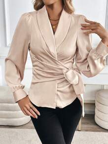 SHEIN Clasi 女士缎纹衬衫，优雅工作服，香槟色，柔软高档缎纹面料，环绕式领带，长袖
