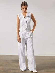 SURIMA Women 3D Floral Decor Striped V-Neck Buttoned Vest & Pants Sets, Casual/Office Wear