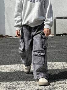 SHEIN Explorewe Young Boy 新款浅灰色多口袋直筒休闲牛仔裤 - 淺灰色 - 查看 4