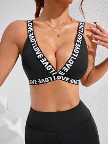 SHEIN Sports Women's Letter Patchwork Minimalist Sport Bra - Black - View 1