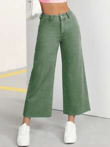 SHEIN PETITE 女士时尚休闲百搭侧袋宽松喇叭腿牛仔裤 - 綠色 - 查看 7