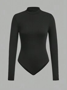 SHEIN EZwear Women Solid Color Thermal Lined Bodysuit, Minimalist Style For Autumn/Winter - Pink - View 5