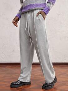 AKNOTIC Party Pantalones casuales deportivos de punto de color liso, ajuste slim, cintura media, recto, de color gris claro, adecuados para uso diario, regalo para el novio