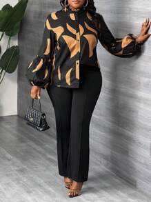 Slaydiva Camicia a maniche lunghe e maniche a palloncino con colletto alto, in stile elegante, casual e da festa, con motivo geometrico multicolore, adatta a donne con taglie over, per primavera e autunno - Castano - Visualizzare 4
