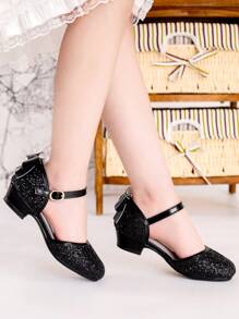 儿童闪光蝴蝶结装饰高跟鞋，优雅派对礼服搭配，秋冬 - 黑色 - 查看 1