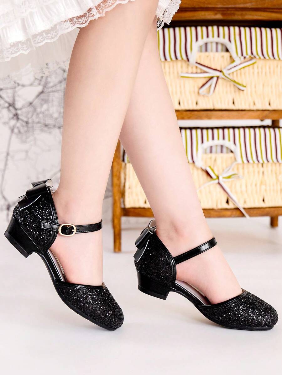 儿童闪光蝴蝶结装饰高跟鞋，优雅派对礼服搭配，秋冬 - 黑色 - 查看 1
