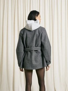 AiiRZ Wool Wrap Coat Winter Kimono Style Oversized Belted Long Outerwear Elegant Business Office Fall Autumn Spring Fashion - Dark Grey - View 2