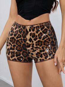 SHEIN Tall Pantalones cortos de leopardo con lentejuelas de talle bajo