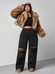 SHEIN MOD Plus Size Women Loose Fit Ripped Wide Leg Boyfriend Jeans, Fall Women Clothes