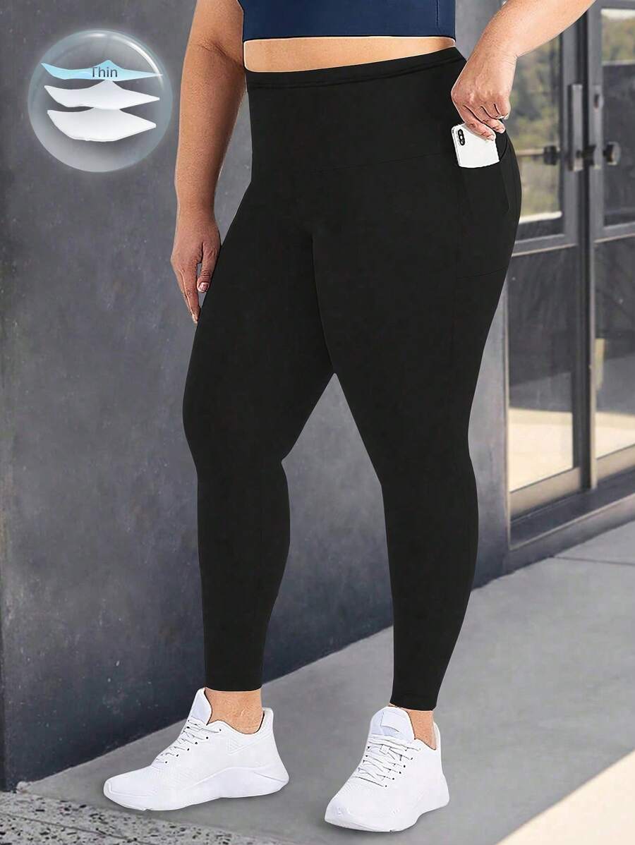 SHEIN LUNE 大码女式紧身高腰压缩黑色瑜伽裤，柔软面料适合健身 - 黑色 - 查看 1