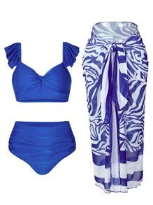 Swim Oasis Plus Size Women 3-Piece Set: Adjustable Spaghetti Strap Top With Ruffle Trim, Crop Top & High Waist Briefs In Navy Blue, With Detachable Blue & White Zebra Striped Printed Wrap, Scarf & Cover Up Cardigan Summer - Blue - View 2