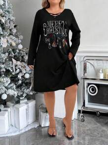 SHEIN LUNE Plus Size Women Christmas Rhinestone Decor V-Neck Long Sleeve Knee-Length Fitted A-Line Dress - Black - View 6