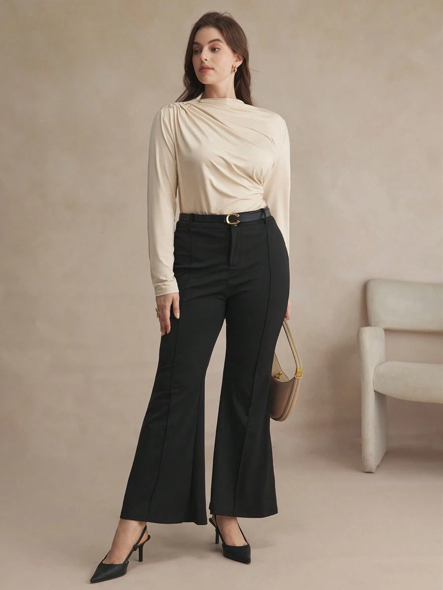 BizChic 女士纯色纽扣长袖休闲褶皱腰优雅通勤 T 恤 - 米色 - 查看 1