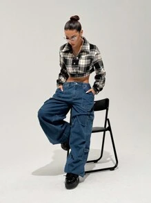 SHEIN Unity Damen Lässig Tägliche Karierte Vordere Knopf Kurze Jacke, Herbst - Verschiedenfarbig - Übersicht 3