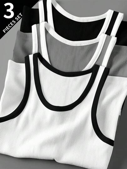 Manfinity Sport Corelite 3 件装 男士纯色圆领休闲运动背心健身上衣背心套装基本款 T 恤篮球运动衫男士连帽衫