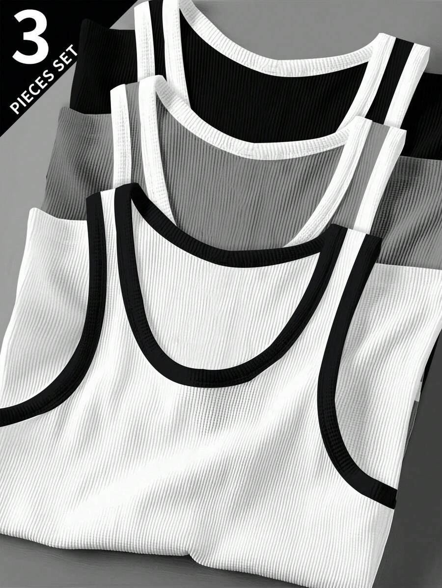 Gym Rark 3pcs Men Solid Color Round Neck Casual Sport Tank Tops Workout Tank Top Pack Basic Basketball Jersey, Gym - Multicolor - View 1
