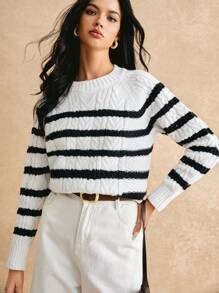 Poéselle Suéter a rayas en blanco y negro, suéter de mujer, suéter de mujer de cuello redondo de manga larga casual con jacquard a rayas para otoño/invierno, atuendos de mujer en otoño, ropa de mujer en invierno, piezas esenciales de otoño y invierno, cálido y cómodo, fácil de usar y combinar