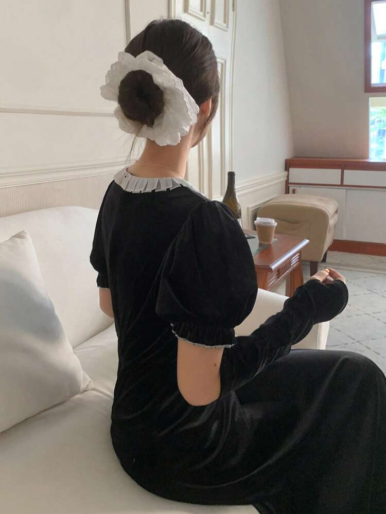 Women Elegant Autumn Waist Cinched Round Neck Velvet Mid-Length Dress Prom Dress