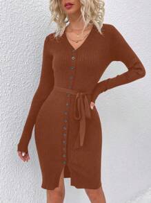 SHEIN Clasi Women's Solid Color Front Button Long Sleeve Simple Casual Sweater Dress