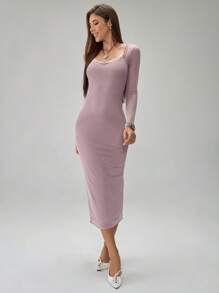 Chiquease Women Elegant Contrast Lace V-Neck Long Dress, Autumn Fall Cloth For Women