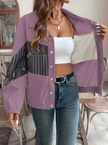 SHEIN LUNE Women Geometric Print Front Button Leisure Multi-Purpose Long Sleeve Jacket Fall Cloth For Women - Pink - View 3