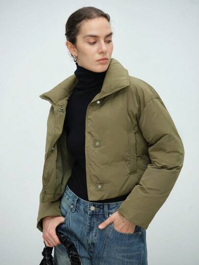 Aalyst Abrigo corto casual de mujer con hombros caídos, unicolor, acolchado, para ropa de invierno