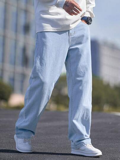 Manfinity Hypemode Plus Size Solid Color Pocket Zipper Casual Straight Leg Pants