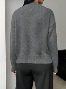 SHEIN Unity Round Neck Long Sleeve Button Front Split Women Sweater, Autumn/Winter Knit Pullover Fall - Grey - View 2