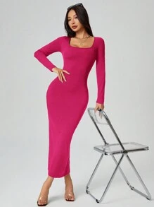 SHEIN PETITE Herbstkleid einfarbiges Kleid mit quadratischem Ausschnitt und langem, enger Ärmel in Schwarz - Heißes Pink - Übersicht 4