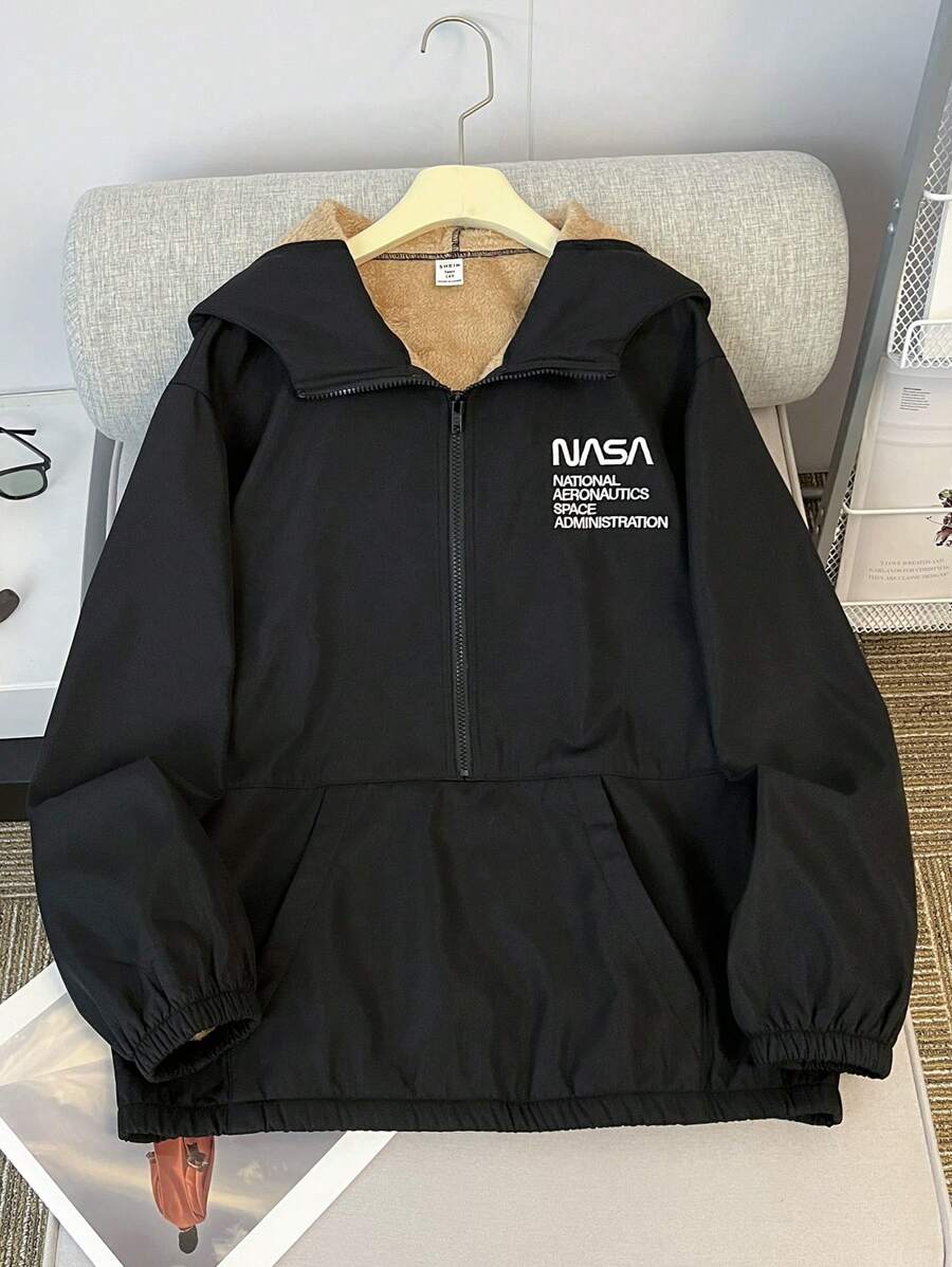 SHEIN Leap Crew 青少年男孩 1 件休闲学院复合保暖内衬保暖连帽半襟套头衫长袖编织夹克返校节；文艺复兴；秋季服装；青少年男孩服装；机场；鸡尾酒会；秋冬 - 黑色 - 查看 1