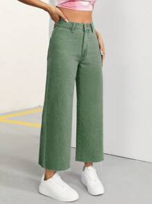 SHEIN PETITE 女士时尚休闲百搭侧袋宽松喇叭腿牛仔裤 - 綠色 - 查看 5