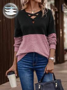 EMERY ROSE Two Tone Criss Cross Front Drop Shoulder Sweatshirt,Long Sleeve Tops Graduation,Back To School,Graduation,Teacher For Women,Back To School Pullover Fall Sweatshirt - Dusty Pink - View 1