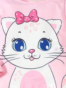 2pcs Girl Toddler Cute Cat With Bow Snug Fit Long Sleeve Top And Pants Pajama Set