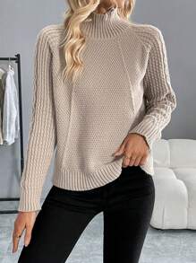 SHEIN LUNE Casual Solid Color Stand Collar Sweater, Autumn/Winter - Khaki - View 1