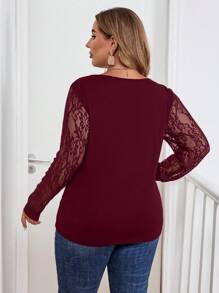 SHEIN Clasi Áo thun cổ tròn tay dài cổ bẻ ren cỡ lớn cho nữ, thanh lịch và đa năng để mặc hàng ngày, mùa thu/đông - Màu Đỏ Sâu - Xem 2