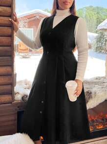 SHEIN EZwear 秋冬季大码纯色正面纽扣简约休闲灯芯绒连衣裙 - 黑色 - 查看 4