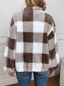 SHEIN LUNE Stand Collar Zipper Front Pocket Plaid Double-Faced Wool Jacket, Casual And Elegant Outerwear Suitable For Outdoor And Home, Warm For Women In Autumn And Winter