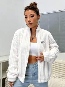 Flirla Letter Patched Drop Shoulder Teddy Jacket Fall Winter Cloth For Women - White - View 4