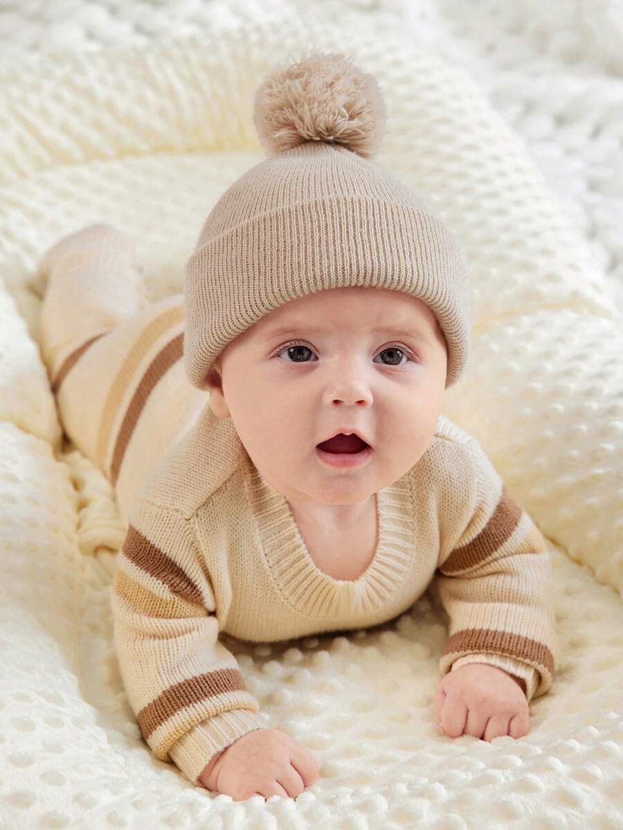 SHEIN Newborn Baby Boy / Girl Loose Fit Colorful Striped Round Neck Long Sleeve Soft & Comfortable Jumpsuit, Versatile For Casual Daily Wear, Autumn/Winter - Apricot - View 1