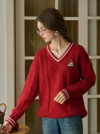 Simple Retro 女装秋冬休闲V领撞色麻面条纹章柴红优雅复古宽松长袖套头毛衣