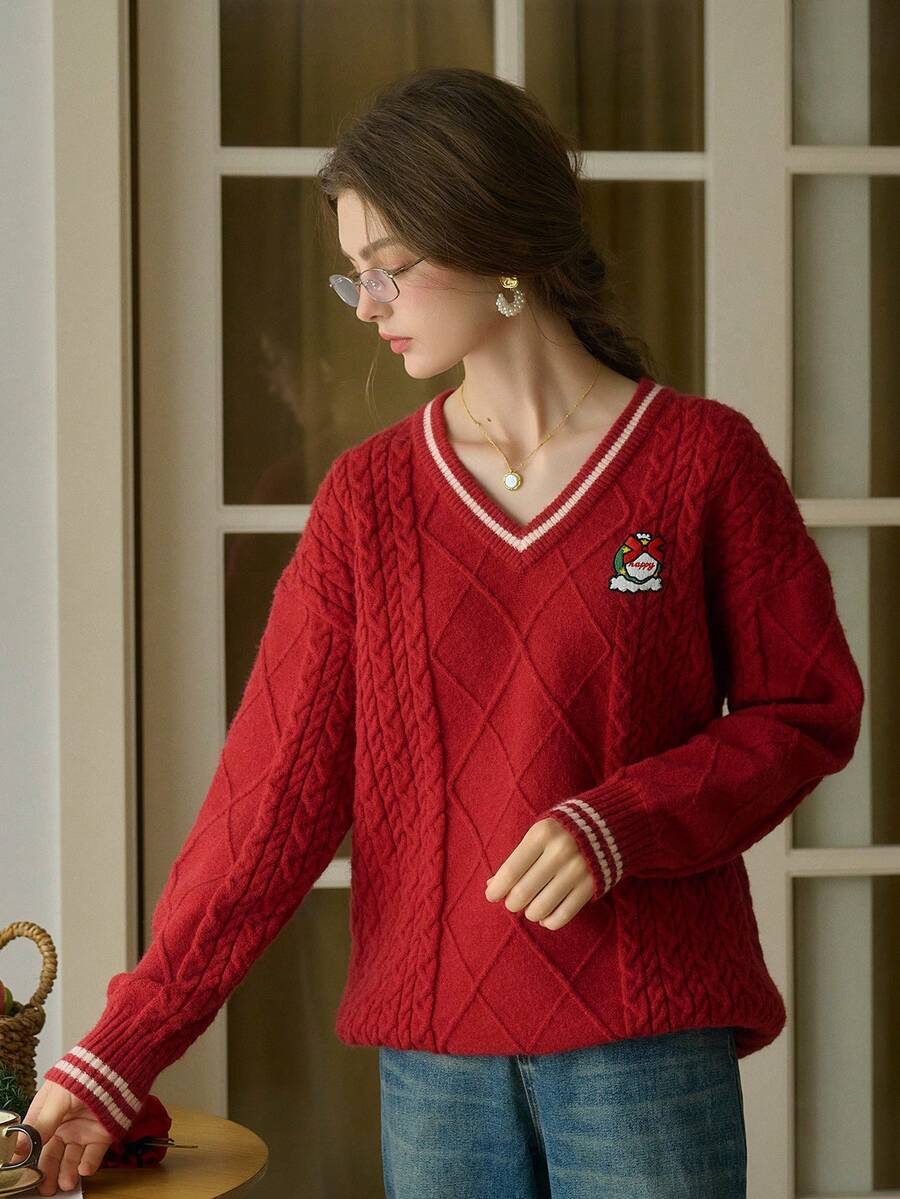 Simple Retro 女装秋冬休闲V领撞色麻面条纹章柴红优雅复古宽松长袖套头毛衣 - 紅色 - 查看 1